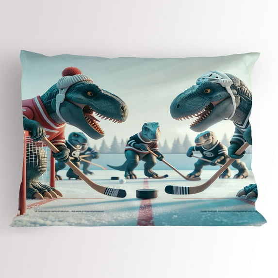 Ambesonne Dinosaur Pillow Sham, T-Rex Playing Ice Hockey, 36" X 20", Petrol Blue Pale Ruby