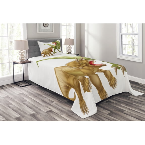 Ambesonne Dinosaur Quilted Bedspread Set 2 Pcs, 2 Dinosaurs Pattern, Twin Size, Green Pink Pale Brown