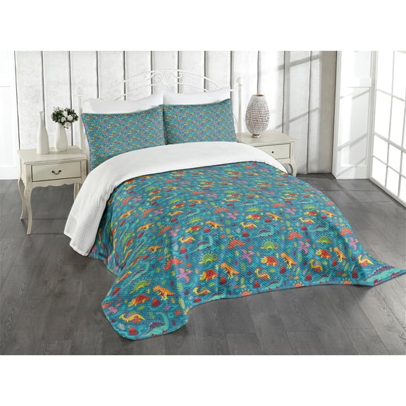 Ambesonne Dinosaur Quilted Bedspread Set 2 Pcs, Prehistoric Period, Twin Size, Multicolor