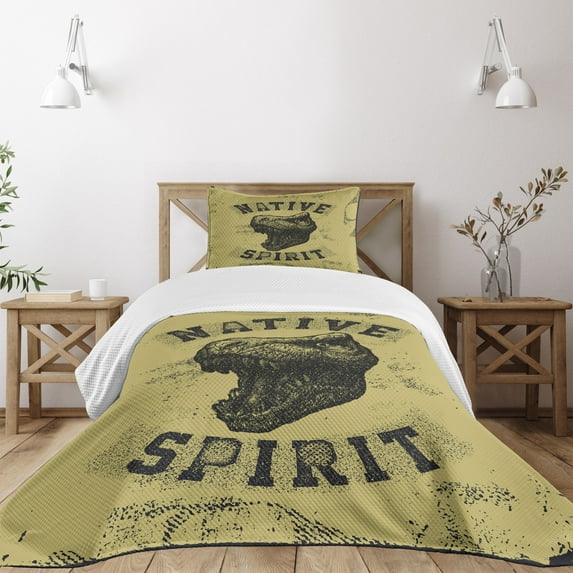 Ambesonne Dinosaur Quilted Bedspread Set 2 Pcs, Roaring Portrait Wild, Twin Size, Army Green Black