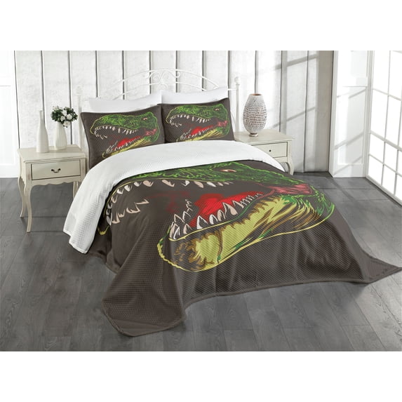 Ambesonne Dinosaur Quilted Bedspread Set 3 Pcs, Aggressive Wild T-Rex, Queen Size, Dark Brown Fern Green