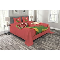 Ambesonne Dinosaur Quilted Bedspread Set 3 Pcs, Cartoon Prehistoric, Queen Size, Coral Green Yellow