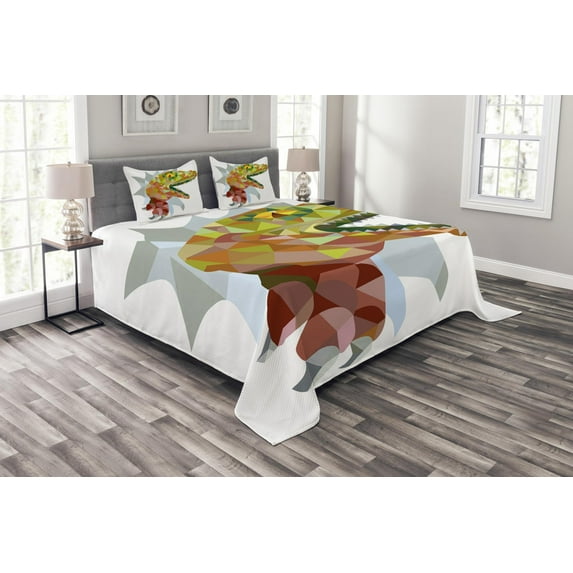 Ambesonne Dinosaur Quilted Bedspread Set 3 Pcs, Colorful Mosaic T-rex, Queen Size, Multicolor