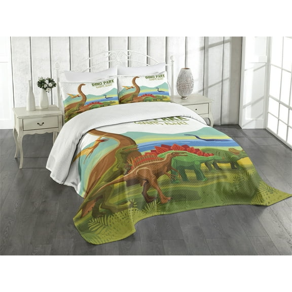 Ambesonne Dinosaur Quilted Bedspread Set 3 Pcs, Dino Park Alive Theme, Queen Size, Multicolor
