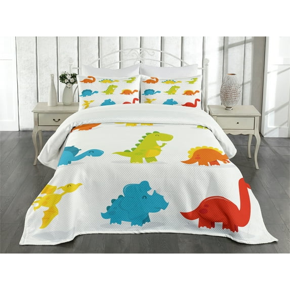 Ambesonne Dinosaur Quilted Bedspread Set 3 Pcs, Funny Cartoon Set, King Size, Multicolor