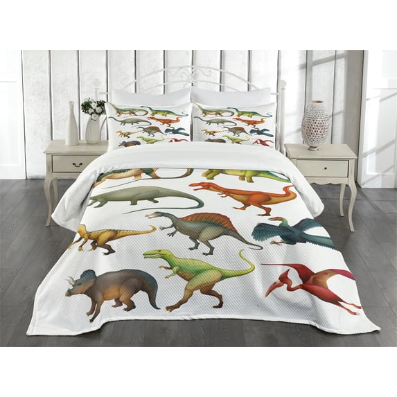 Ambesonne Dinosaur Quilted Bedspread Set 3 Pcs, Jurassic Composition, Queen Size, Multicolor
