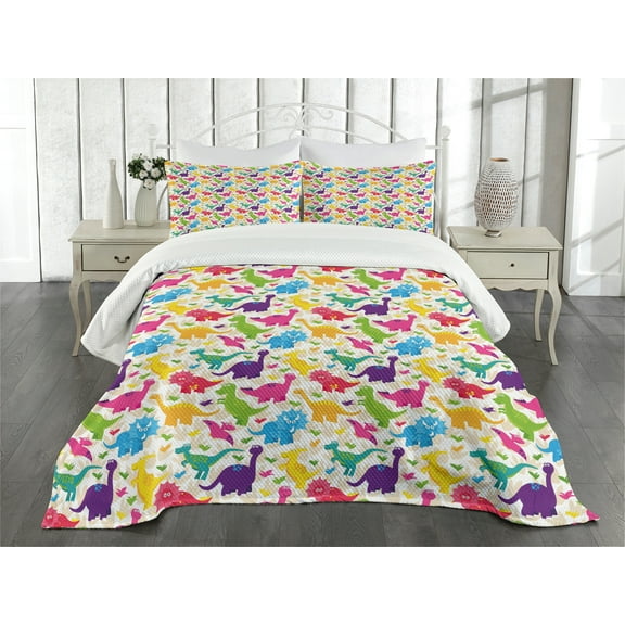 Ambesonne Dinosaur Quilted Bedspread Set 3 Pcs, Jurassic Wild Animals Joy, Queen Size, Multicolor