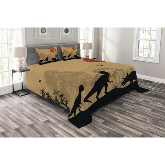 Ambesonne Dinosaur Quilted Bedspread Set 3 Pcs, Prehistoric Wilderness, Queen Size, Pale Brown Orange Black
