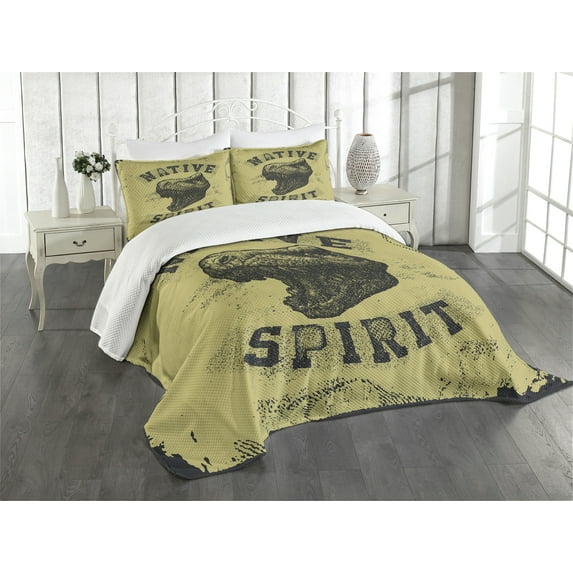 Ambesonne Dinosaur Quilted Bedspread Set 3 Pcs, Roaring Portrait Wild, King Size, Army Green Black