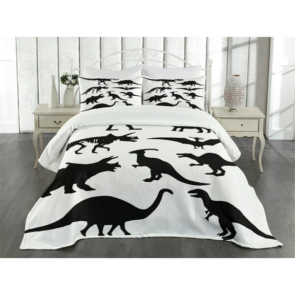 Ambesonne Dinosaur Quilted Bedspread Set 3 Pcs, Wild Skeleton, Queen Size, Black White