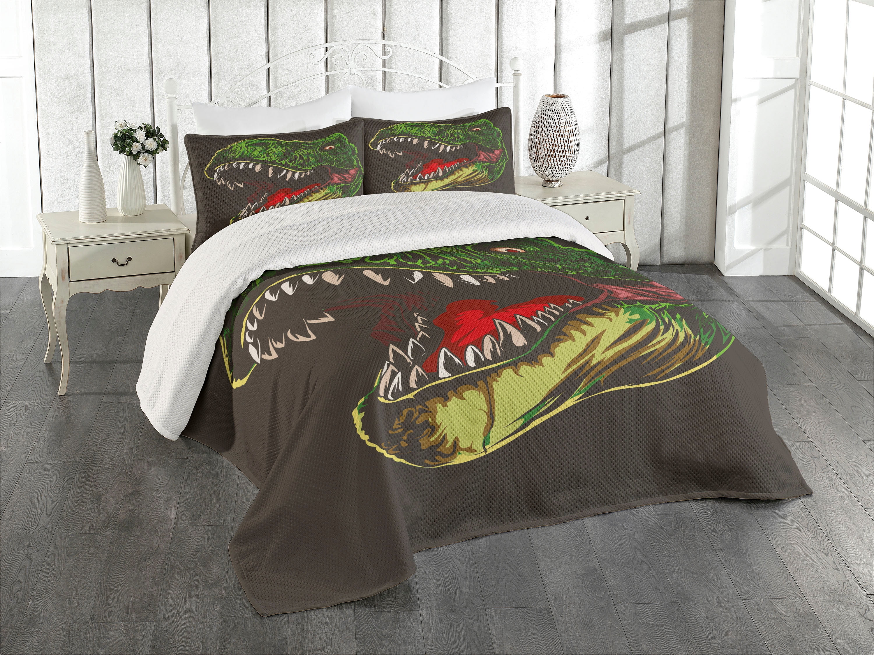 Twin White Dinosaur Quilted Bedspread Set with Pillow Sham