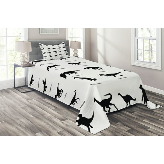 Ambesonne Dinosaur Quilted Coverlet 2 Pcs, Evolution of Wildlife, Twin Size, Black White