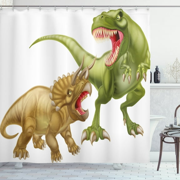 Ambesonne Dinosaur Shower Curtain, 2 Dinosaurs Pattern, 69"Wx84"L, Green Pink Pale Brown