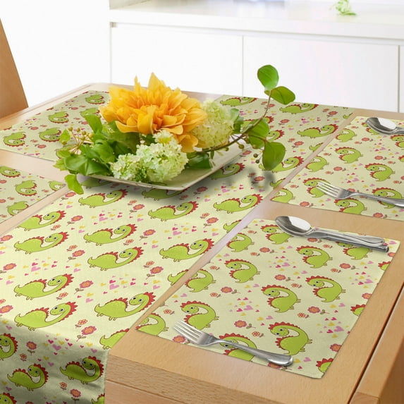 Ambesonne Dinosaur Table Runner & Placemats, Dinosaur, Placemat 4 pcs + Runner 14"x90", Green Yellow