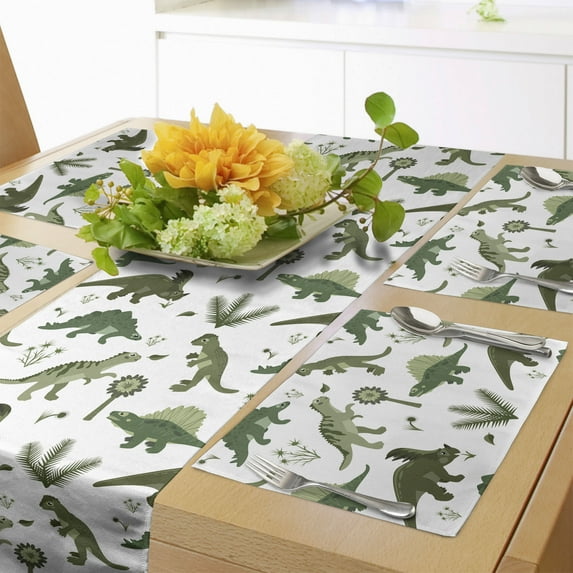 Ambesonne Dinosaur Table Runner & Placemats, Jurassic Life Animals Art, Placemat 4 pcs + Runner 16"x90", Hunter Green White