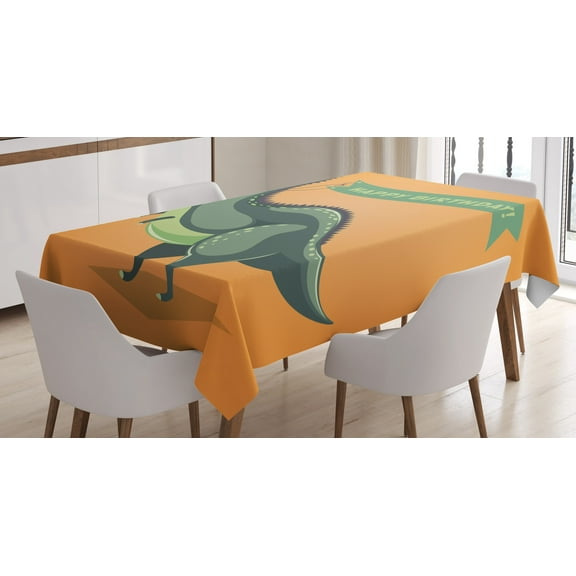 Ambesonne Dinosaur Tablecloth Rectangular Table Cover, Birthday Greetings Fun, 60"x90", Green Pale Green Orange