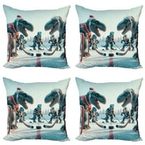 Ambesonne Dinosaur Throw Pillow Cover 4 Pack, T-Rex Playing Ice Hockey, 16", Petrol Blue Pale Ruby