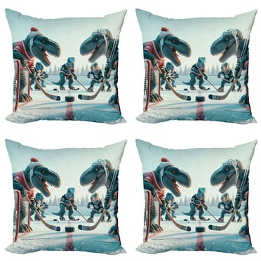 Ambesonne Dinosaur Throw Pillow Cover 4 Pack, T-Rex Playing Ice Hockey, 16", Petrol Blue Pale Ruby
