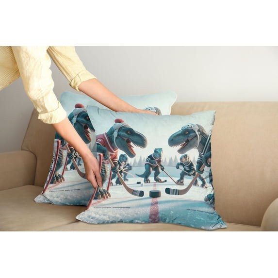 Ambesonne Dinosaur Throw Pillow Cover Pack of 2, T-Rex Playing Ice Hockey, 2 Pcs-18"x18", Petrol Blue Pale Ruby
