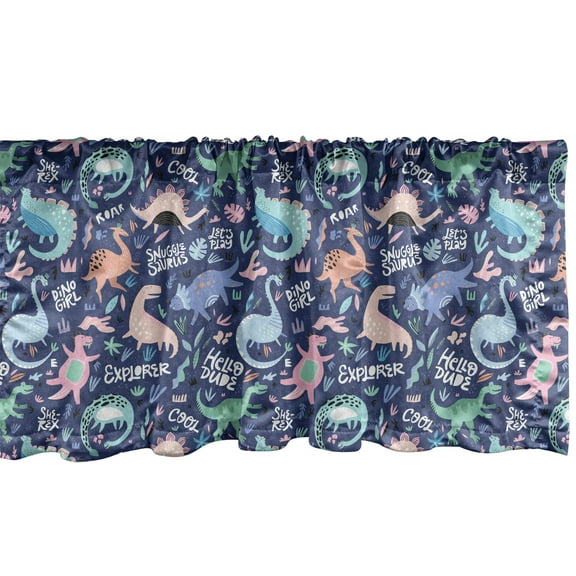 Ambesonne Dinosaur Window Valance, Cartoon Extinct Animals, 42" x 18", Dark Indigo and Multicolor