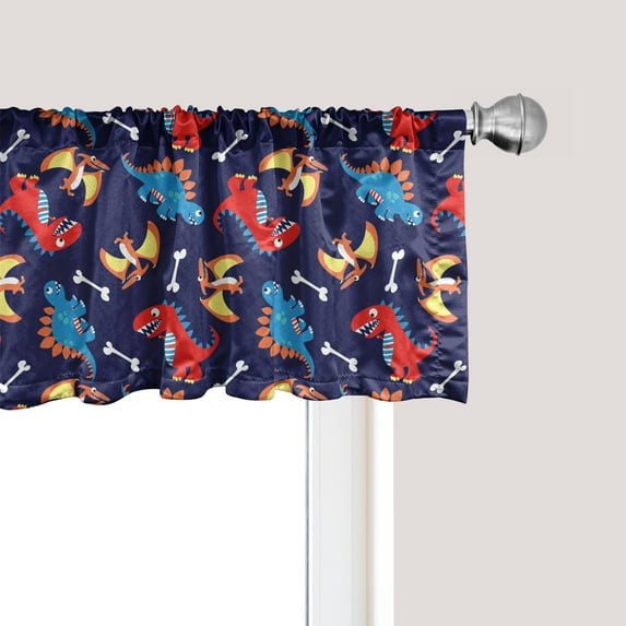 Ambesonne Dinosaur Window Valance, Dino Funny Expressions, 42" x 18", Navy Blue Orange Red