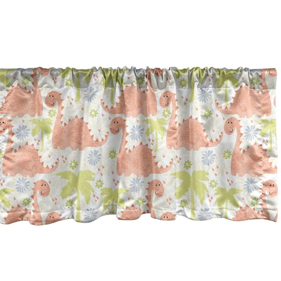 Ambesonne Dinosaur Window Valance, Prehistoric Smiling Brontosaurus Among Green Trees and Flowers, Curtain Valance for Kitchen Bedroom Decor with Rod Pocket, 54" X 18", Pale Green Ceil Blue