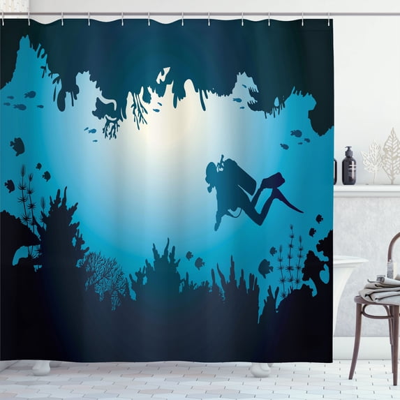 Ambesonne Diver Shower Curtain, Shadowy Silhouette of Diver, 69"Wx84"L, Petrol Blue Sky Blue