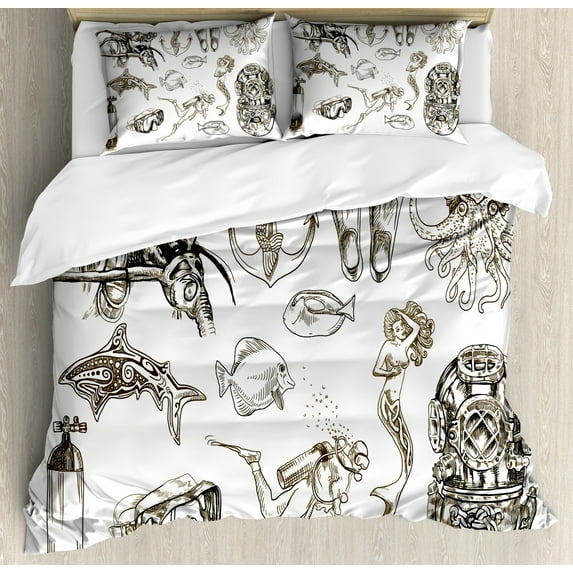 Ambesonne Diving Duvet Cover Sets, Aquaticmed Marine, 2-Queen, Olive Green White