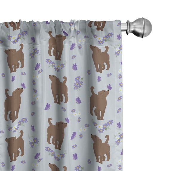 Ambesonne Dog 4-Panel Curtains, Puppies Butterflies and Flowers, 56"x84", Pale Blue Brown