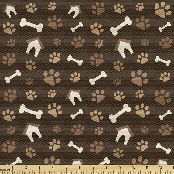 Ambesonne Dog Bone Fabric by the Yard Upholstery, Paw Prints and Kennels, 10 Yards, Caramel Brown Champagne