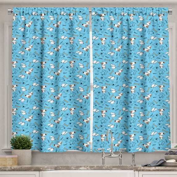 Ambesonne Dog Bone Kitchen Curtains, Puppy and Woof Lettering, 55"x45", Sky Blue Camel Cocoa