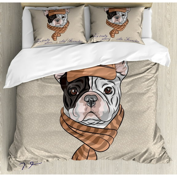 Ambesonne Dog Duvet Cover Set, Hipster Bulldog with Cap Scarf, King, Tan and Brown