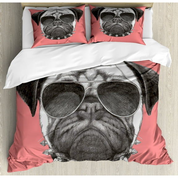 Ambesonne Dog Duvet Cover Sets, Pug Dog Sunglasses Colar, 2-Queen, Coral and Grey