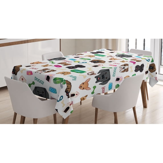 Ambesonne Dog Emoji Tablecloth Rectangular Table Cover, Cartoon Puppy Animals Art, 52"x70", White and Multicolor