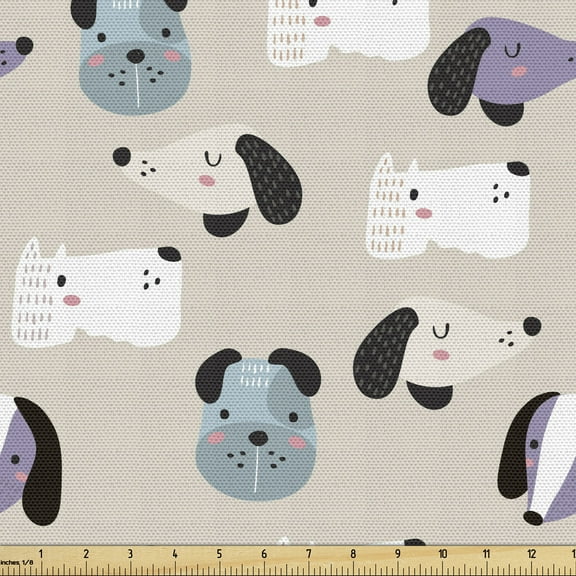 Ambesonne Dog Fabric by the Yard Upholstery, Cartoon Puppy Faces, 5 Yards, Multicolor