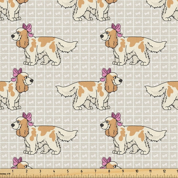 Ambesonne Dog Fabric by the Yard Upholstery, Cocker Spaniels with Bones Art, 1 Yard, Sand Brown and Pastel Pink