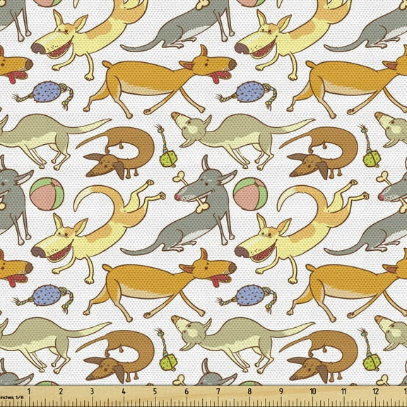 Ambesonne Dog Fabric by the Yard Upholstery, Dogs Playing Around Print Art, 1 Yard, Multicolor