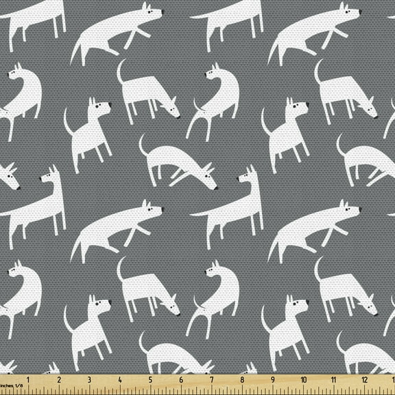 Ambesonne Dog Fabric by the Yard Upholstery, Funky English Bull Terriers, 1 Yard, Grey and White