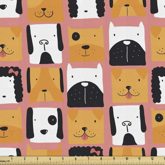 Ambesonne Dog Fabric by the Yard Upholstery, Square Form Funny Puppy Heads, 5 Yards, Multicolor