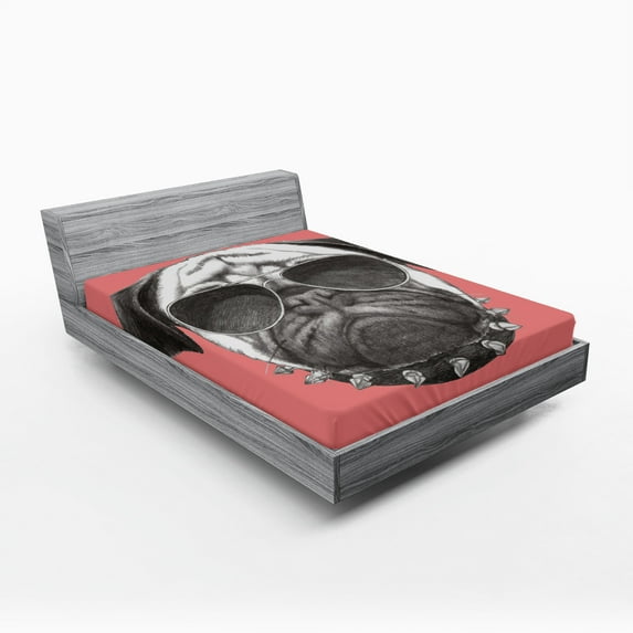 Ambesonne Dog Fitted Sheet, Pug Dog Sunglasses Colar, Queen Size, Coral and Grey