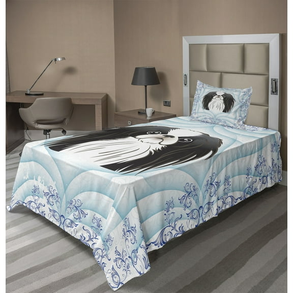 Ambesonne Dog Fitted & Top Sheet Set with Sham, Cartoon Puppy Floral Ornate, Pale Blue Lavender Blue