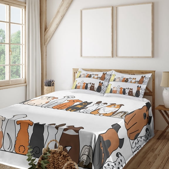 Ambesonne Dog Fitted & Top Sheet Set with Shams, Dog Family in a Row, Yellow Brown