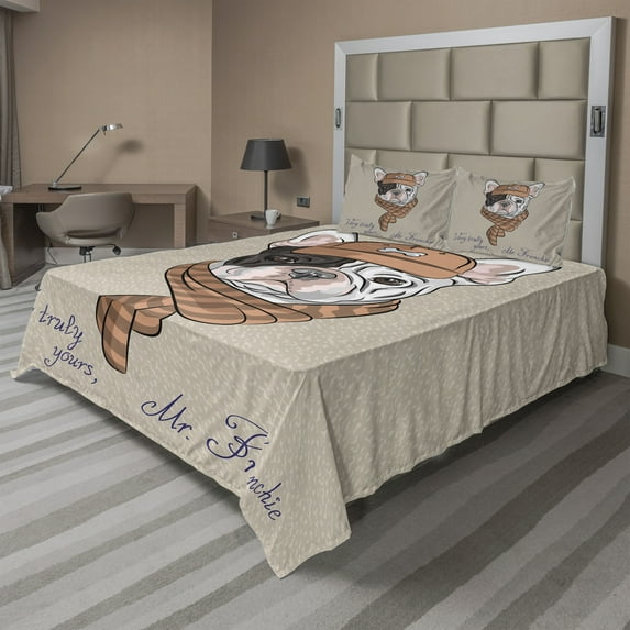 Ambesonne Dog Fitted & Top Sheet Set with Shams, Hipster Bulldog with Cap Scarf, Tan and Brown