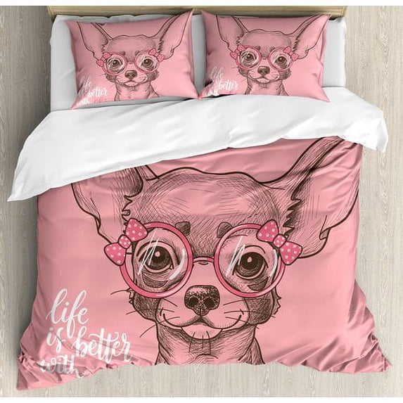 Ambesonne Dog Girl Chihuahua Sketch Illustration with Quote Fashion Glasses Ribbons Puppy Duvet Cover Set