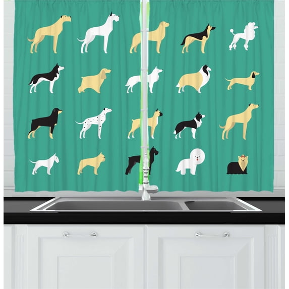 Ambesonne Dog Kitchen Curtains, Various Domiciliary Animals, 55"x45", Sea Green and Cream