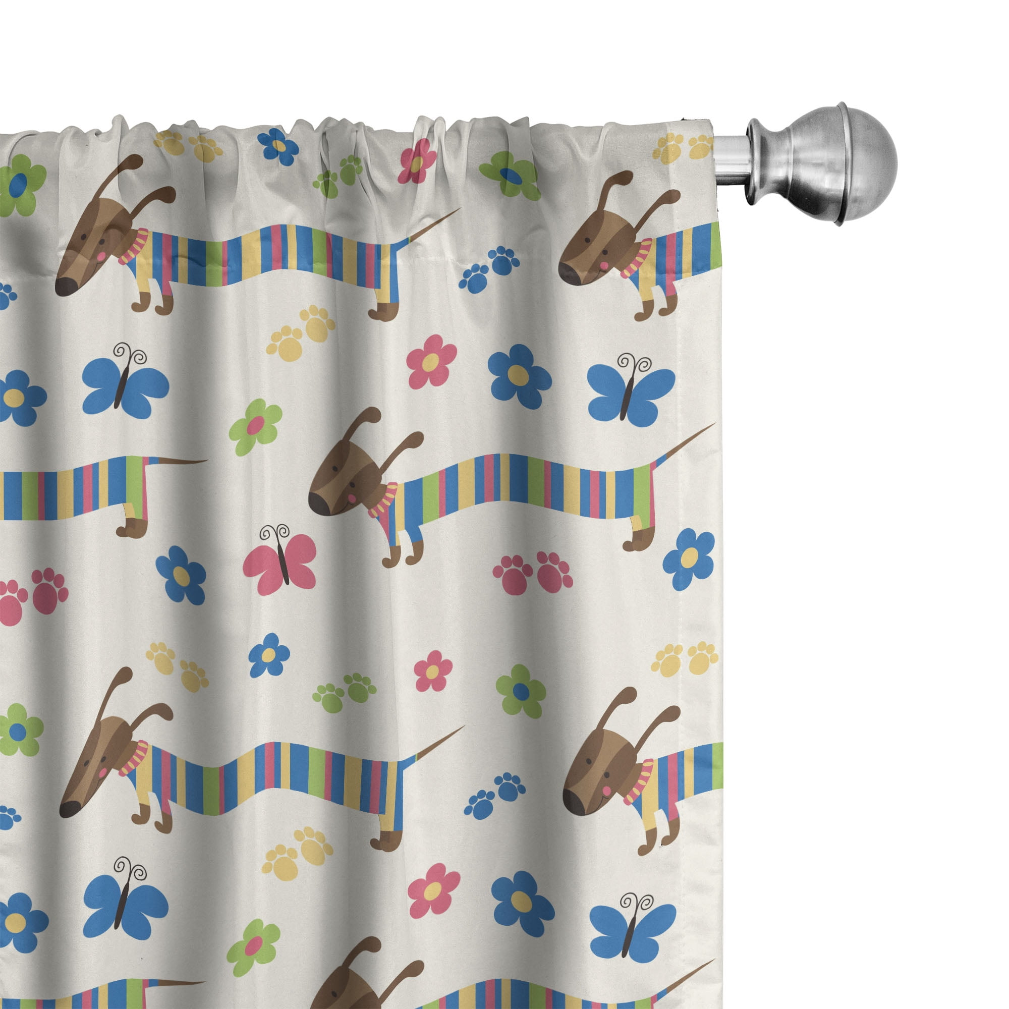 Dog Lover Window Curtains, Wiener Dog Cartoon Dachshund Puppy with Striped Pajamas Flowers and Butterflies, Lightweight Decorative Panels Multicolor Semi-Sheer Rod Pocket Sliding Panel (Set of 2)