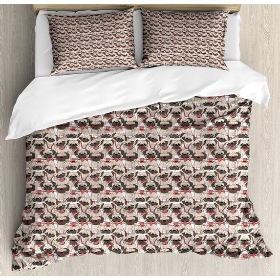 Ambesonne Dog Lover Duvet Cover Set, Pugs with Funny Faces, 2-Calking, Coral Beige Taupe