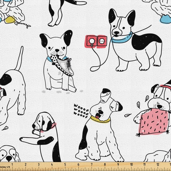 Ambesonne Dog Lover Fabric by the Yard Upholstery, Funny Playful Puppies, 1 Yard, Dark Purple Multicolor