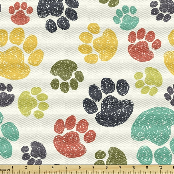 Ambesonne Dog Lover Fabric by the Yard Upholstery, Hand Drawn Paws, 2 Yards, Multicolor