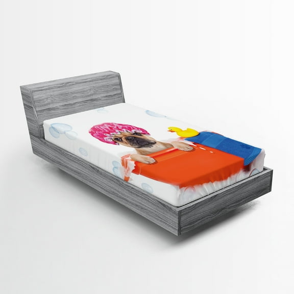 Ambesonne Dog Lover Fitted Sheet 2 Pcs Set, Dog Having a Bath Tub, Twin XL, Multicolor